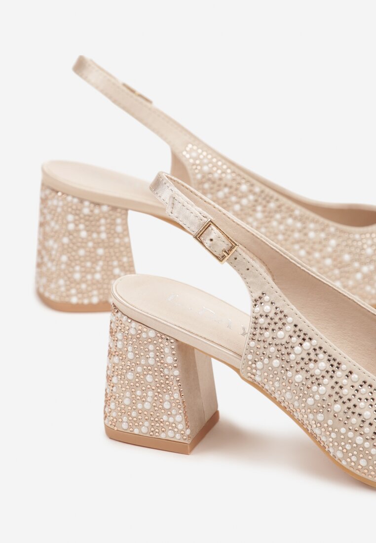 Beżowe Sandały na Słupku Slingback Ozdobione Cyrkoniami Melanetta