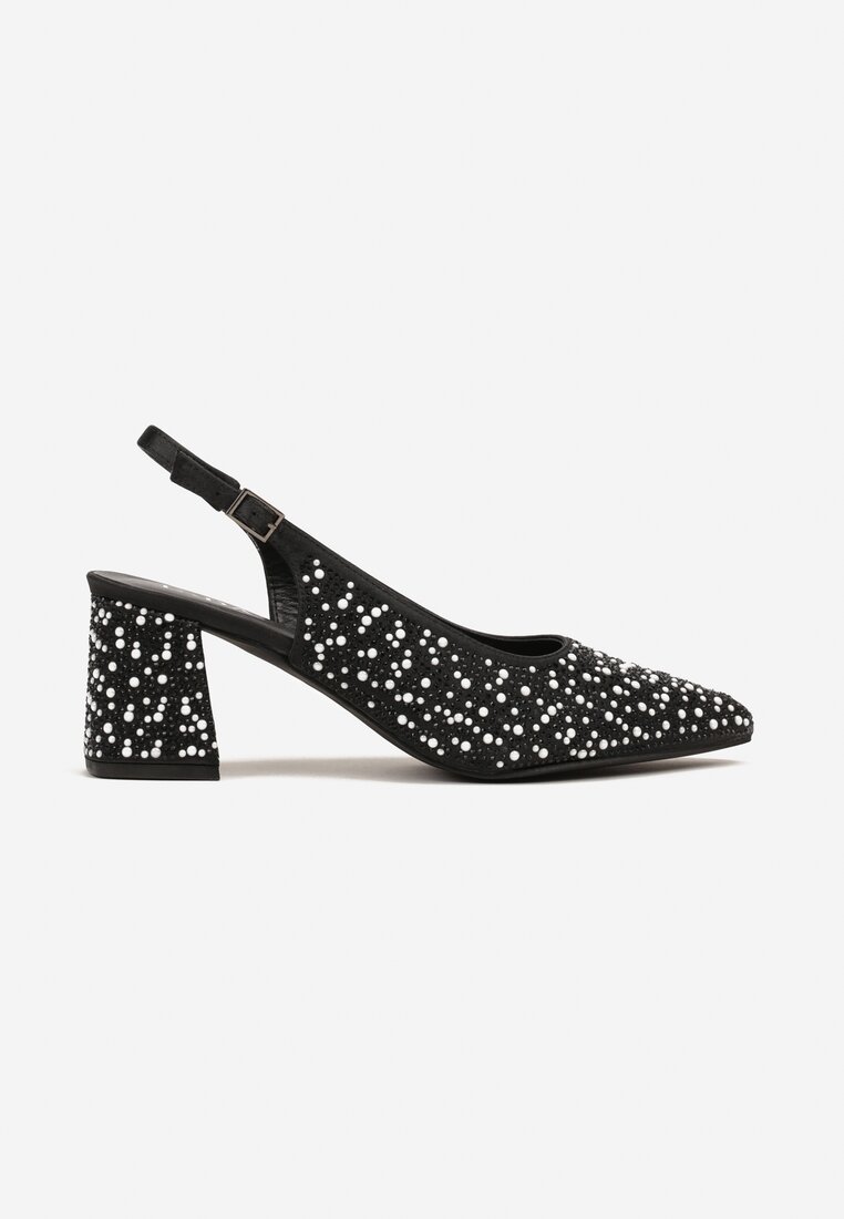 Czarne Sandały na Słupku Slingback Ozdobione Cyrkoniami Melanetta