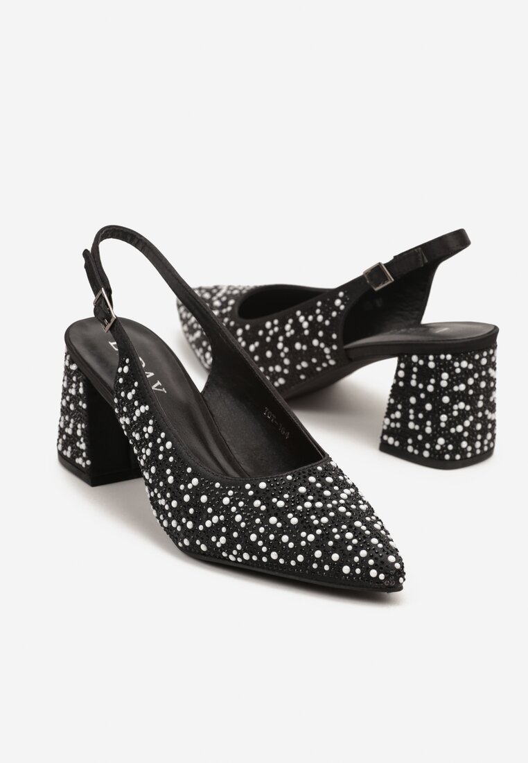 Czarne Sandały na Słupku Slingback Ozdobione Cyrkoniami Melanetta