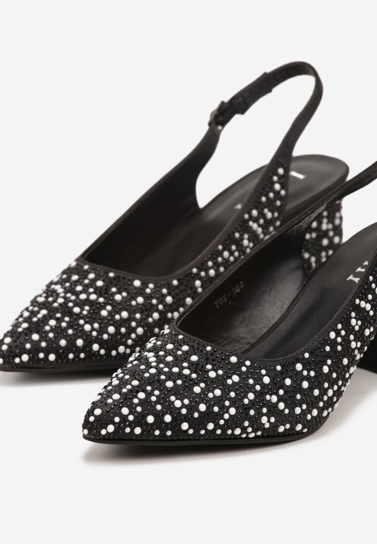 Czarne Sandały na Słupku Slingback Ozdobione Cyrkoniami Melanetta