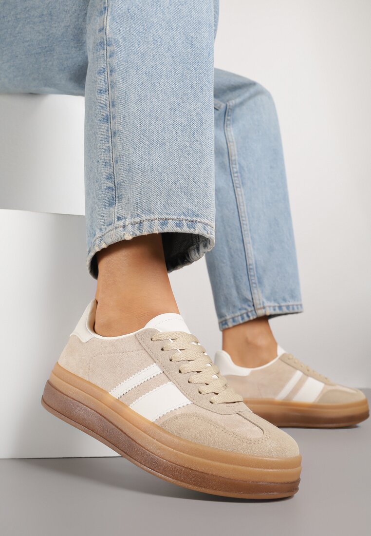 Ciemnobeżowe Sneakersy na Płaskiej Podeszwie z Ozdobnymi Paskami Velali