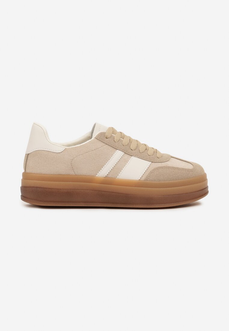 Ciemnobeżowe Sneakersy na Płaskiej Podeszwie z Ozdobnymi Paskami Velali