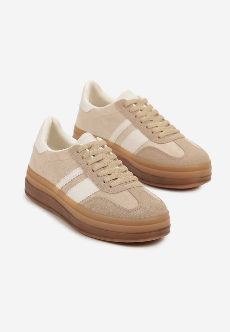 Ciemnobeżowe Sneakersy na Płaskiej Podeszwie z Ozdobnymi Paskami Velali