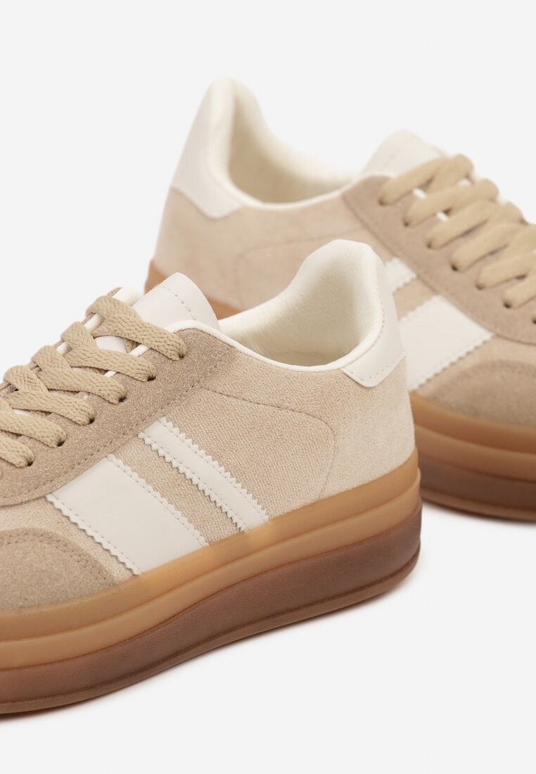 Ciemnobeżowe Sneakersy na Płaskiej Podeszwie z Ozdobnymi Paskami Velali