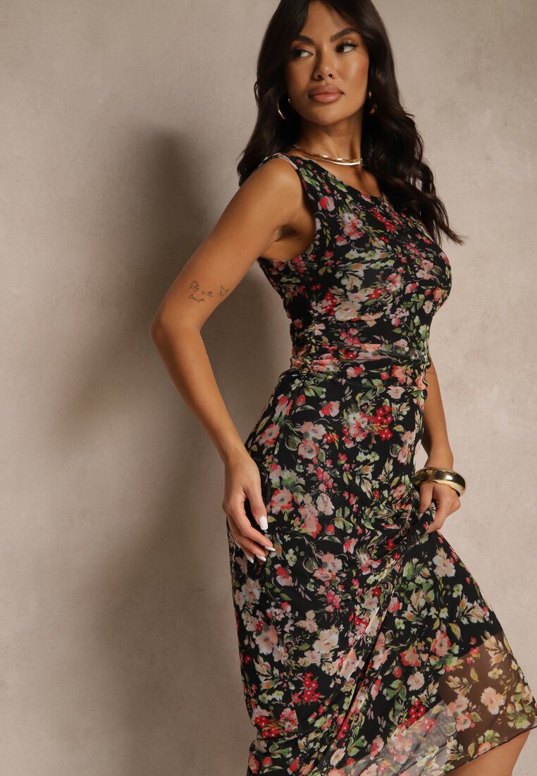 Czarna Sukienka Typu Bodycon w Kwiatowy Wzór Melavela