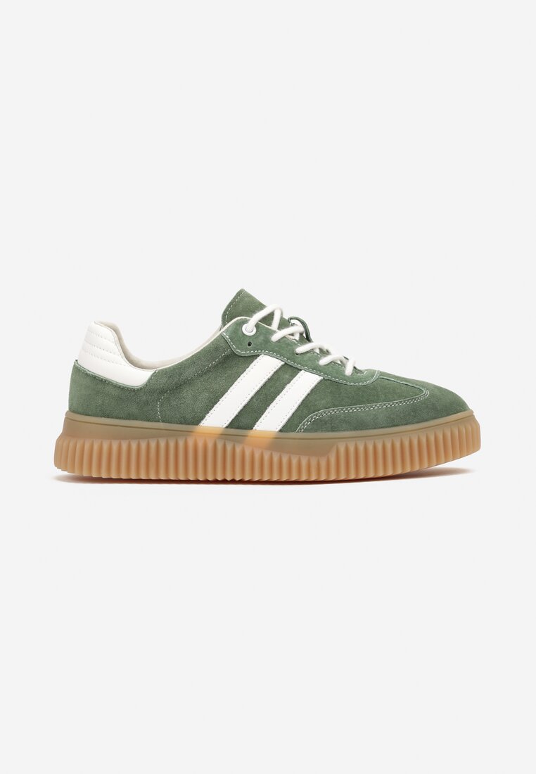 Zielone Zamszowe Sneakersy w Stylu Kultowych Tenisówek ze Skórzaną Wkładką i Wzorem w Panterkę Tenannia