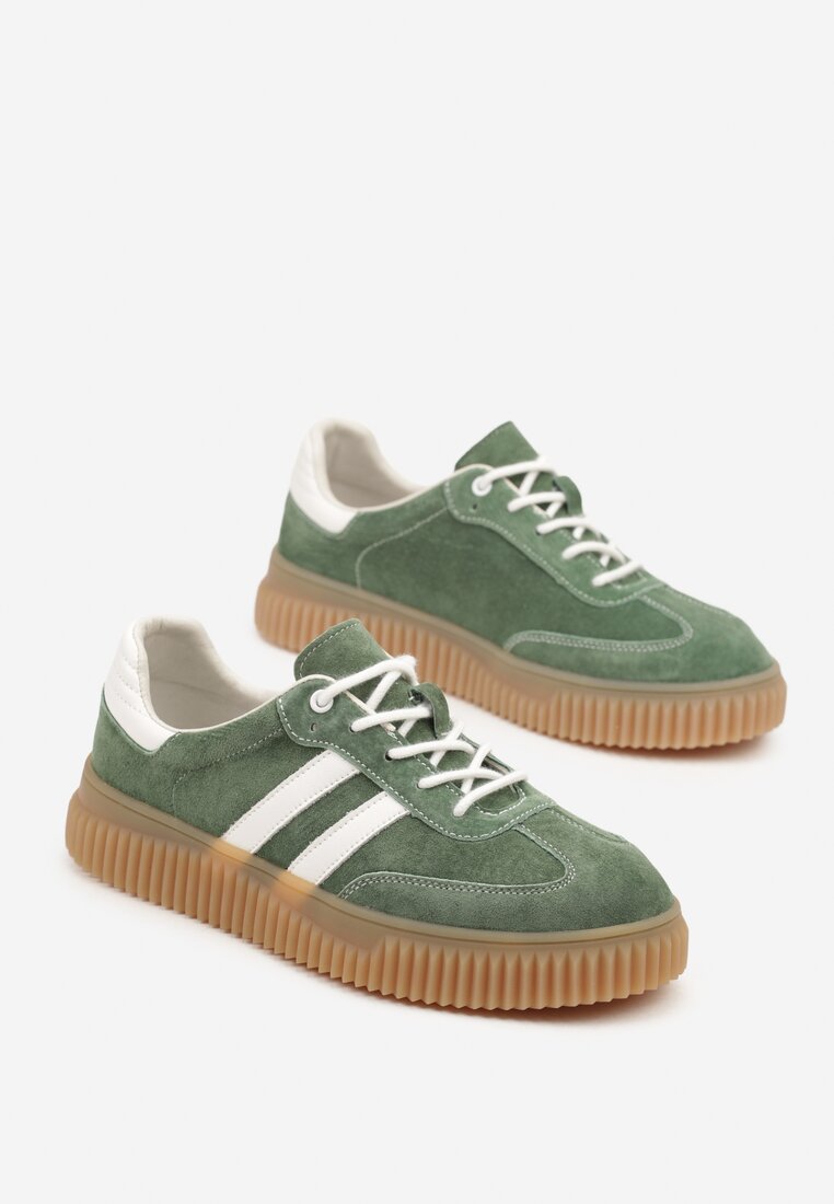 Zielone Zamszowe Sneakersy w Stylu Kultowych Tenisówek ze Skórzaną Wkładką i Wzorem w Panterkę Tenannia