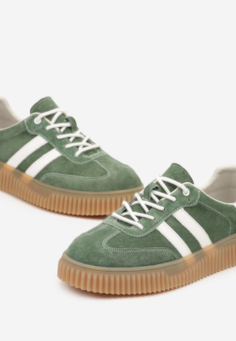 Zielone Zamszowe Sneakersy w Stylu Kultowych Tenisówek ze Skórzaną Wkładką i Wzorem w Panterkę Tenannia