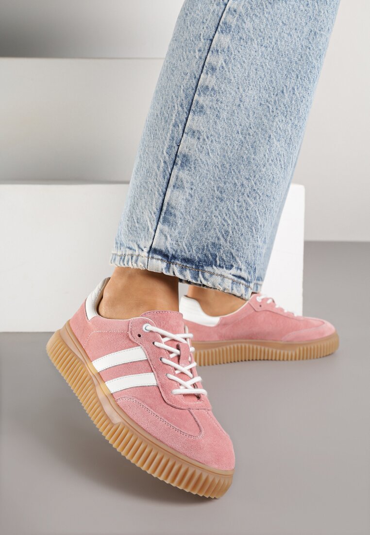 Różowe Zamszowe Sneakersy w Stylu Kultowych Tenisówek ze Skórzaną Wkładką i Wzorem w Panterkę Tenannia
