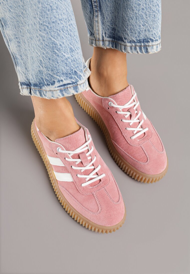 Różowe Zamszowe Sneakersy w Stylu Kultowych Tenisówek ze Skórzaną Wkładką i Wzorem w Panterkę Tenannia