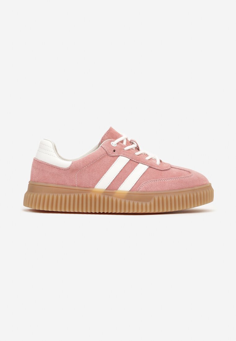 Różowe Zamszowe Sneakersy w Stylu Kultowych Tenisówek ze Skórzaną Wkładką i Wzorem w Panterkę Tenannia