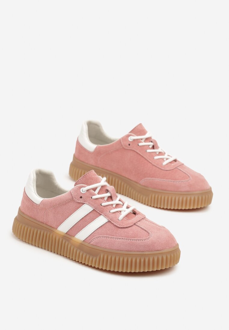 Różowe Zamszowe Sneakersy w Stylu Kultowych Tenisówek ze Skórzaną Wkładką i Wzorem w Panterkę Tenannia