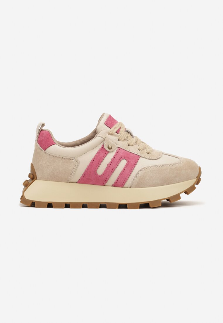 Beżowo-Fuksjowe Sneakersy ze Skóry Naturalnej Ozdobione Geometrycznym Wzorem Melassea