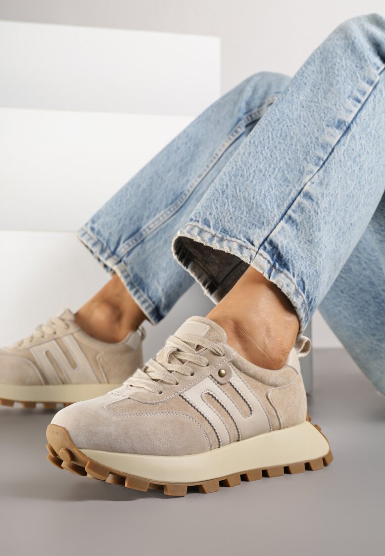 Beżowe Sneakersy ze Skóry Naturalnej Ozdobione Geometrycznym Wzorem Melassea