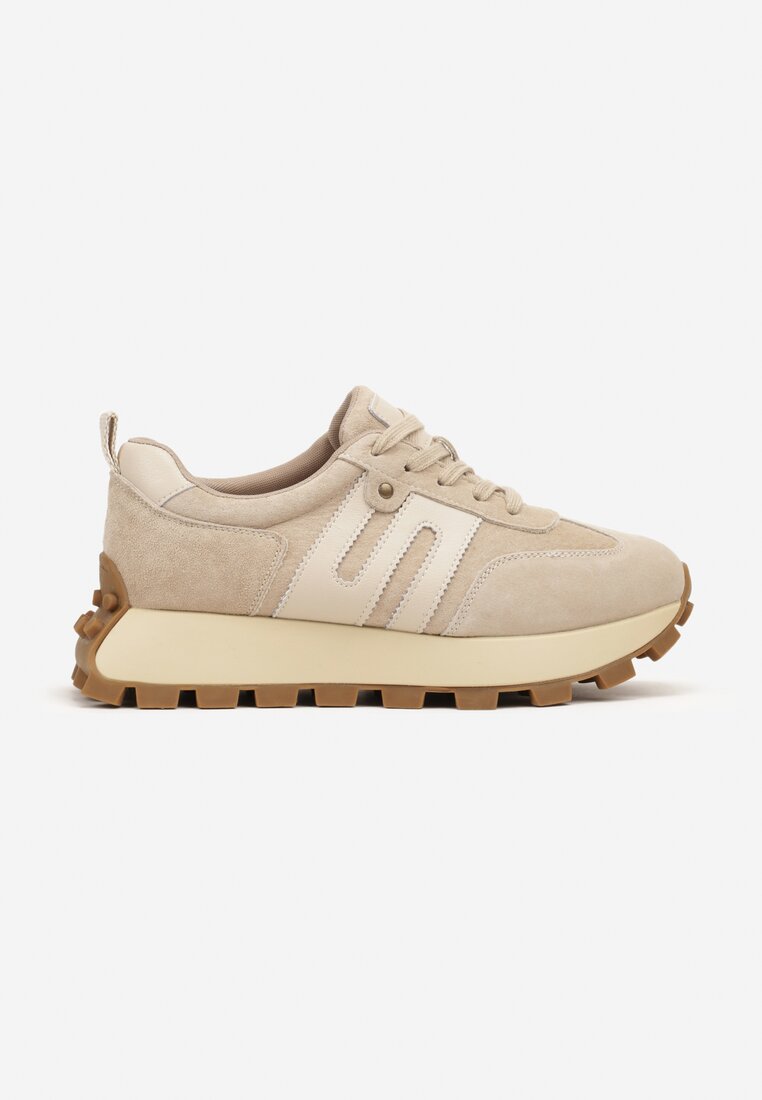 Beżowe Sneakersy ze Skóry Naturalnej Ozdobione Geometrycznym Wzorem Melassea