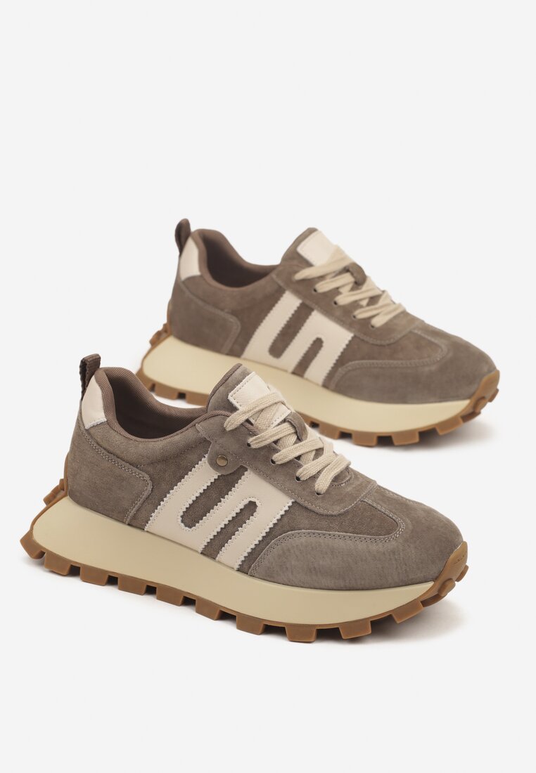 Ciemnobeżowe Sneakersy ze Skóry Naturalnej Ozdobione Geometrycznym Wzorem Melassea