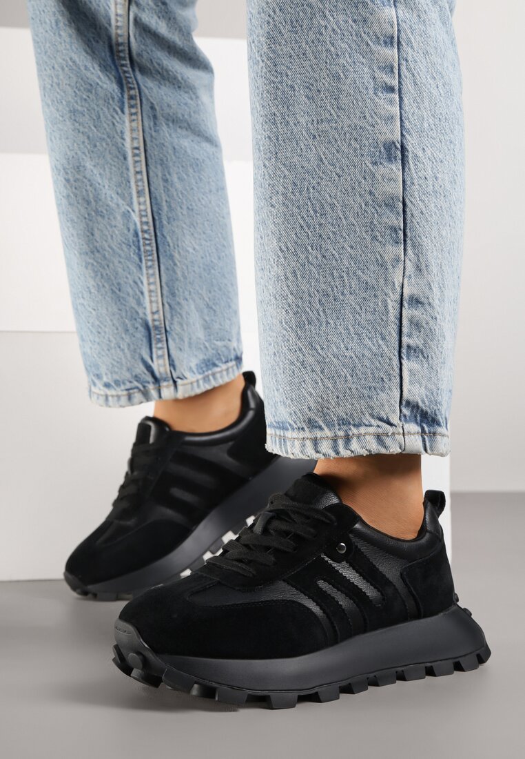 Czarne Sneakersy ze Skóry Naturalnej Ozdobione Geometrycznym Wzorem Melassea