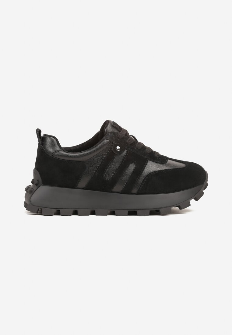 Czarne Sneakersy ze Skóry Naturalnej Ozdobione Geometrycznym Wzorem Melassea