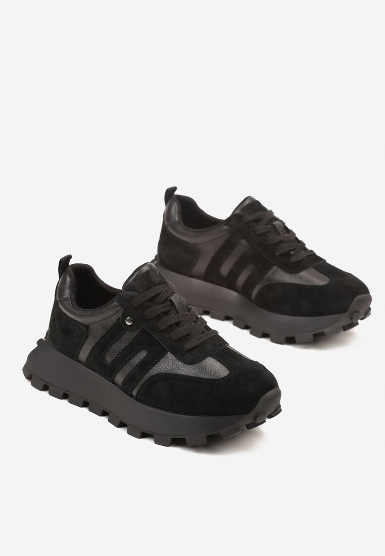 Czarne Sneakersy ze Skóry Naturalnej Ozdobione Geometrycznym Wzorem Melassea