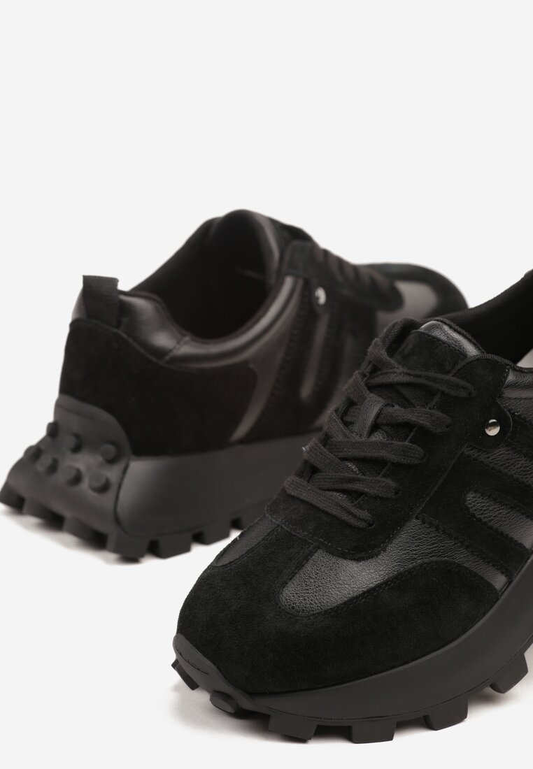 Czarne Sneakersy ze Skóry Naturalnej Ozdobione Geometrycznym Wzorem Melassea