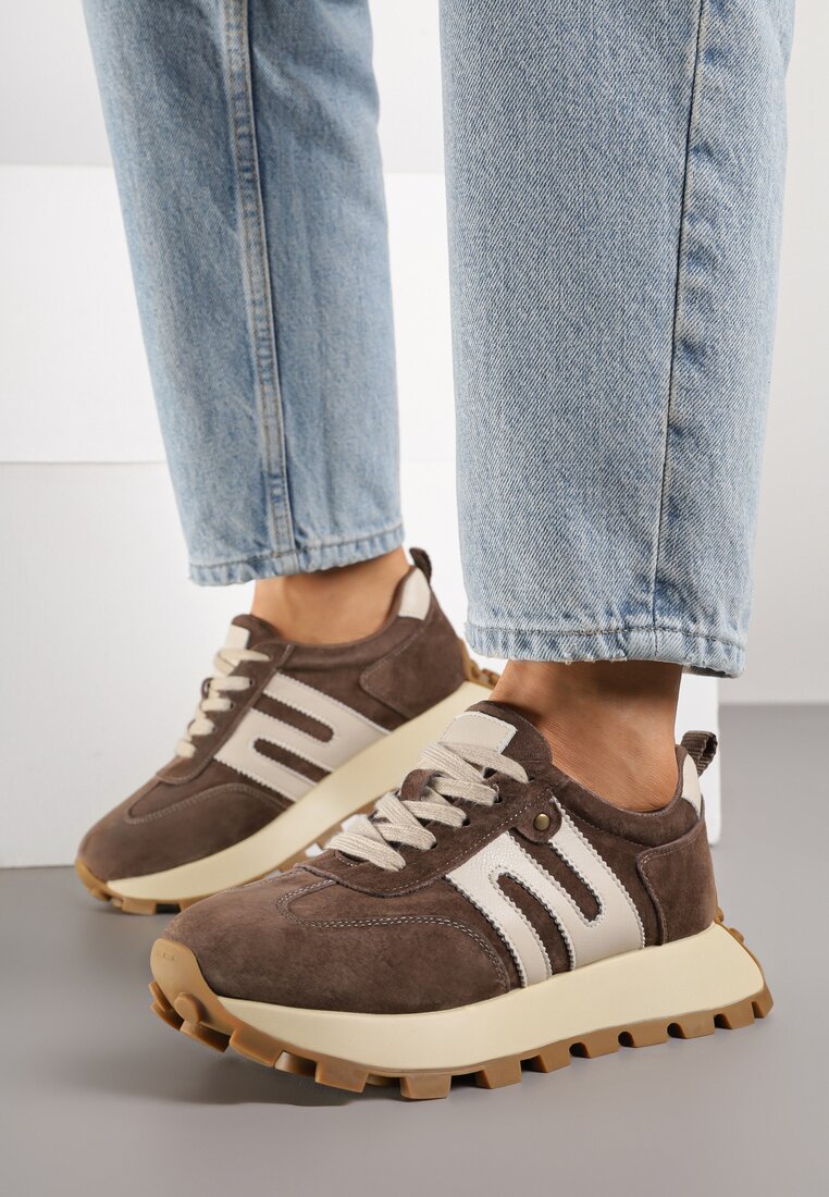 Brązowe Sneakersy ze Skóry Naturalnej Ozdobione Geometrycznym Wzorem Melassea