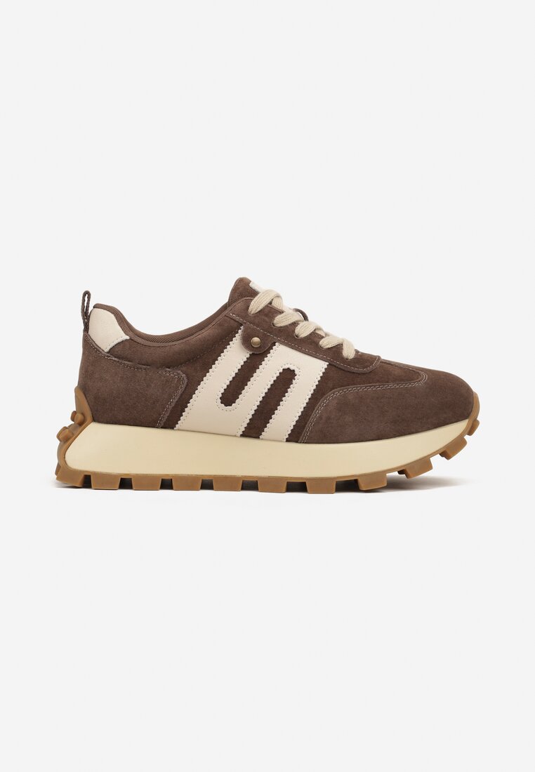 Brązowe Sneakersy ze Skóry Naturalnej Ozdobione Geometrycznym Wzorem Melassea