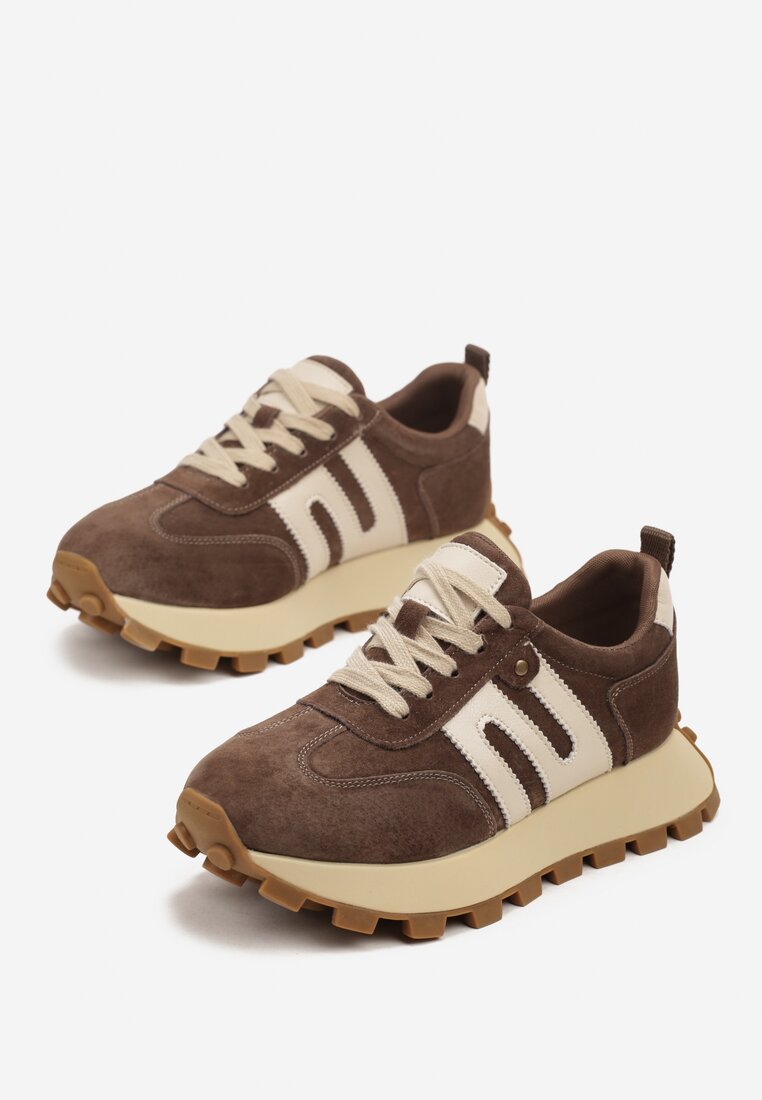 Brązowe Sneakersy ze Skóry Naturalnej Ozdobione Geometrycznym Wzorem Melassea