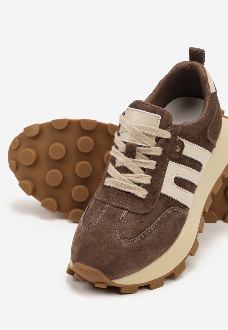Brązowe Sneakersy ze Skóry Naturalnej Ozdobione Geometrycznym Wzorem Melassea