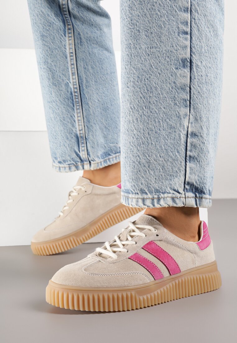 Beżowo-Fuksjowe Sneakersy Tenisówki z Wkładką ze Skóry Naturalnej Ozdobione Tłoczeniem Meluella