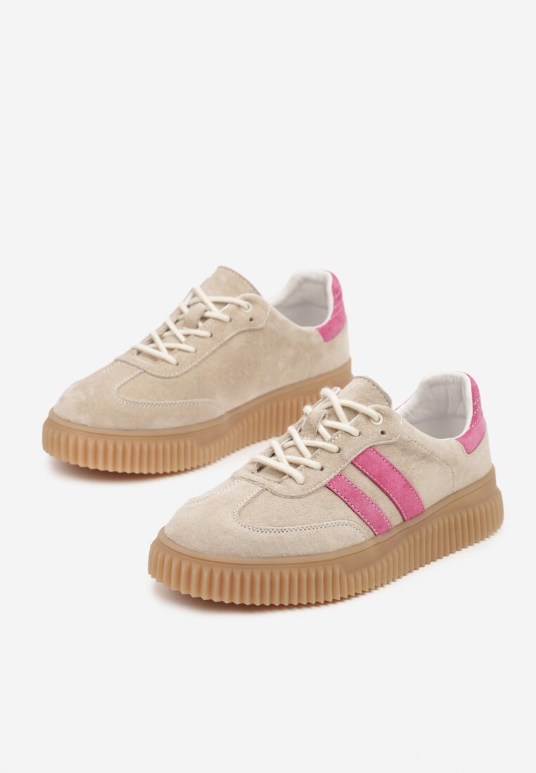 Beżowo-Fuksjowe Sneakersy Tenisówki z Wkładką ze Skóry Naturalnej Ozdobione Tłoczeniem Meluella