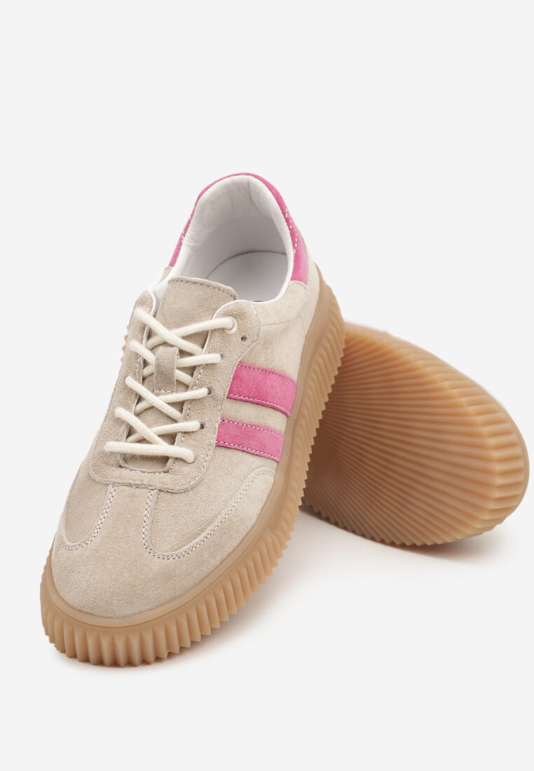Beżowo-Fuksjowe Sneakersy Tenisówki z Wkładką ze Skóry Naturalnej Ozdobione Tłoczeniem Meluella