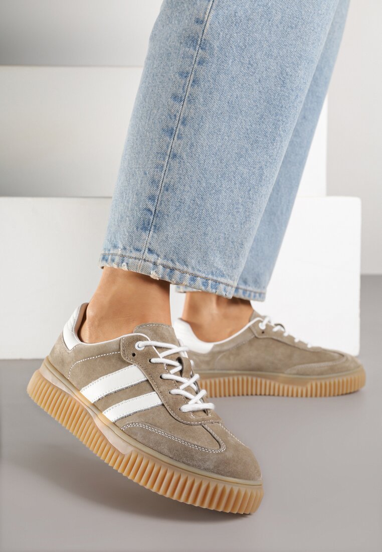 Ciemnobeżowe Sneakersy Tenisówki z Wkładką ze Skóry Naturalnej Ozdobione Tłoczeniem Meluella