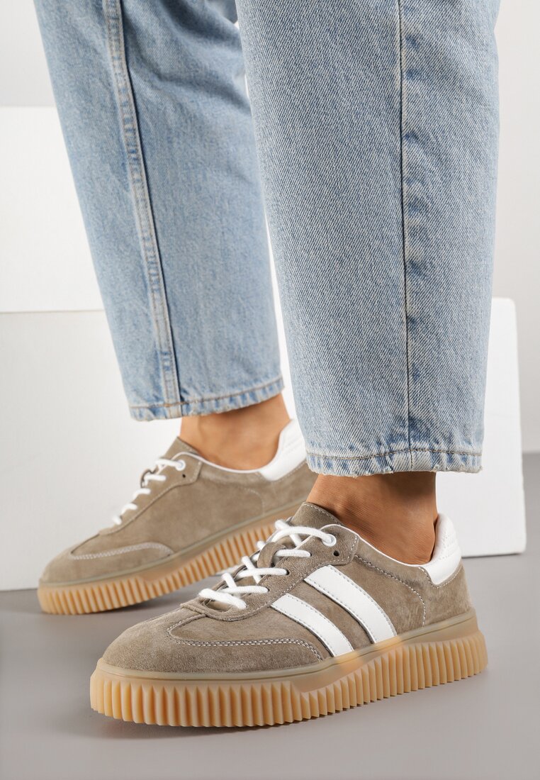Ciemnobeżowe Sneakersy Tenisówki z Wkładką ze Skóry Naturalnej Ozdobione Tłoczeniem Meluella