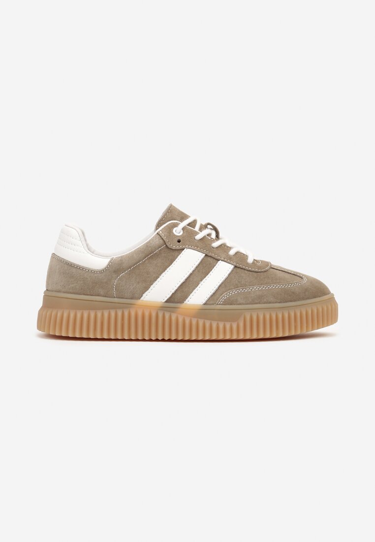 Ciemnobeżowe Sneakersy Tenisówki z Wkładką ze Skóry Naturalnej Ozdobione Tłoczeniem Meluella