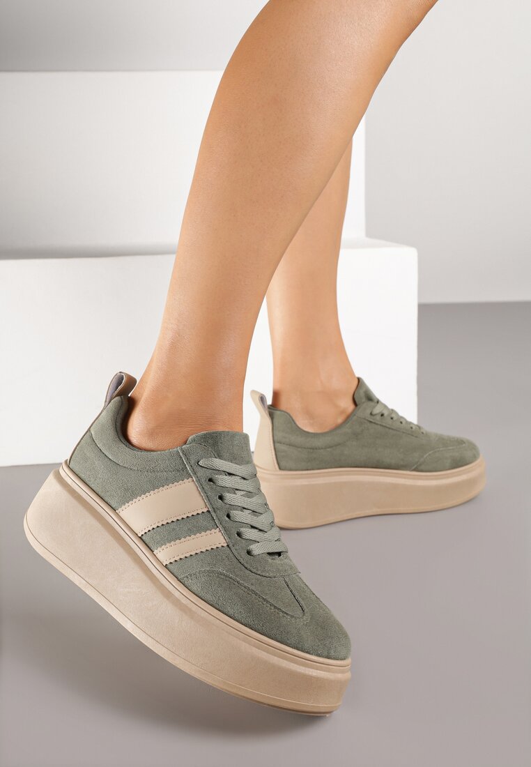Zielone Sneakersy Klasyczne Tenisówki na Grubej Podeszwie z Koturnem Adessia