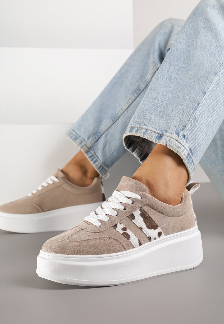 Ciemnobeżowe Sneakersy Klasyczne Tenisówki na Grubej Podeszwie z Koturnem i Paskami Ozdobionymi Printem  w Łaty Adessia