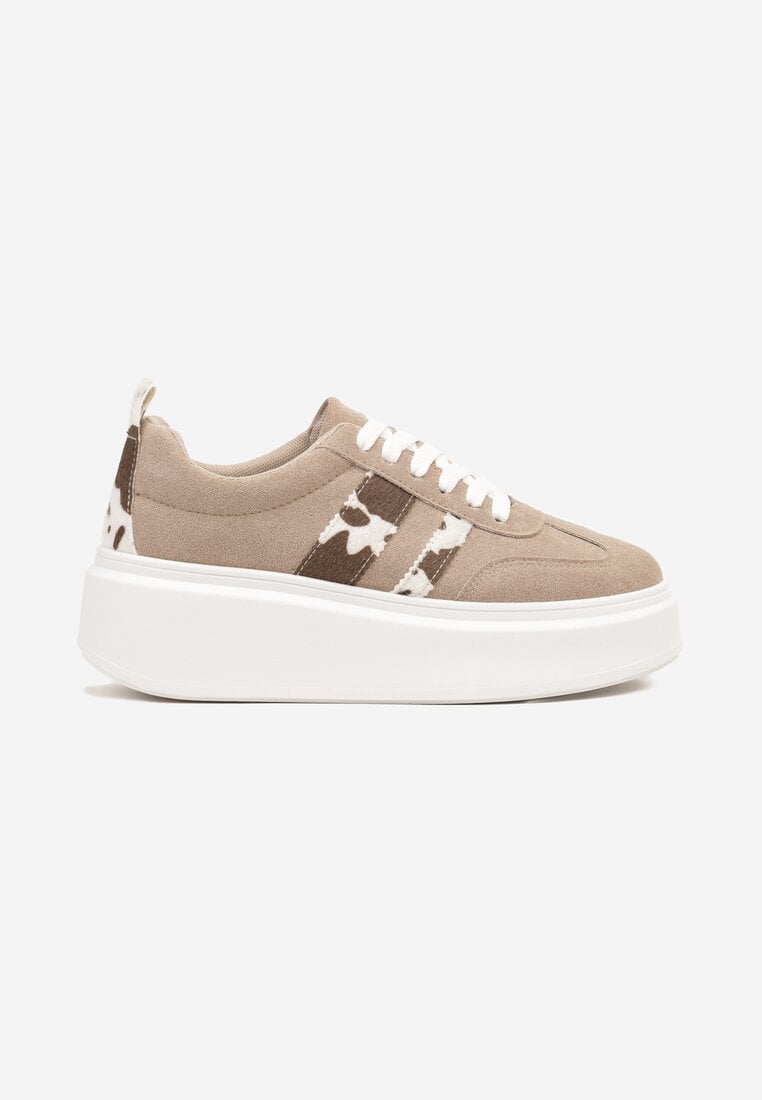 Ciemnobeżowe Sneakersy Klasyczne Tenisówki na Grubej Podeszwie z Koturnem i Paskami Ozdobionymi Printem  w Łaty Adessia