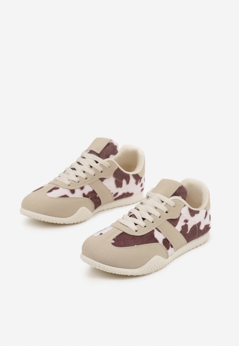 Brązowo-Białe Sneakersy Ozdobione Tłoczeniem i Wzorem w Krowie Łaty Halennesa
