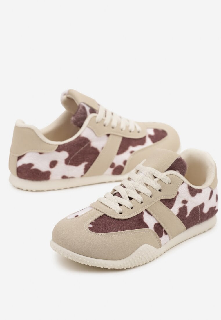Brązowo-Białe Sneakersy Ozdobione Tłoczeniem i Wzorem w Krowie Łaty Halennesa