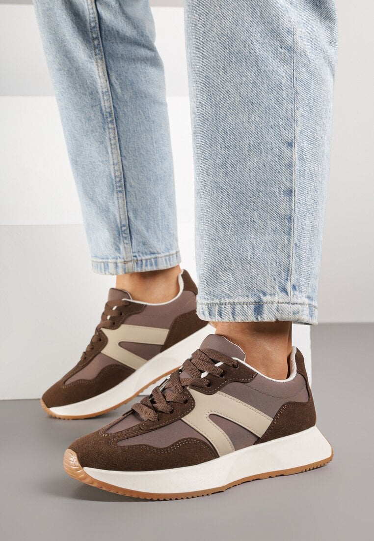 Brązowe Sneakersy na Płaskiej Podeszwie z Geometryczną Wstawką w Panterkę Sewla