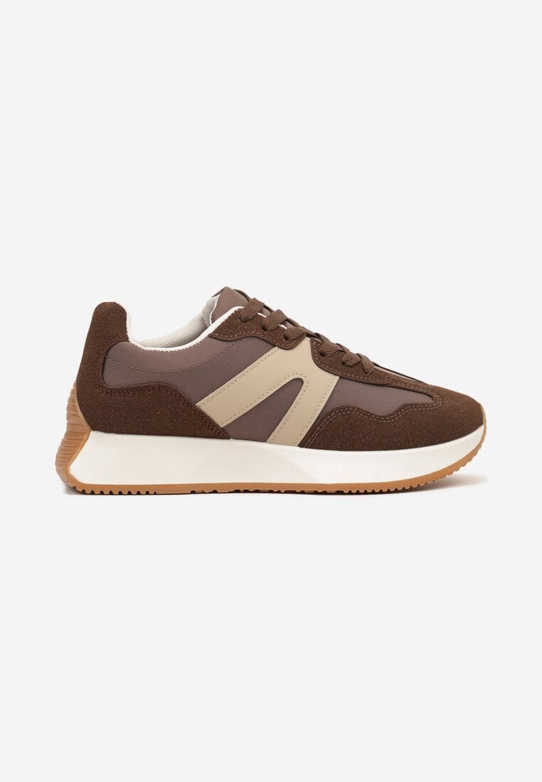 Brązowe Sneakersy na Płaskiej Podeszwie z Geometryczną Wstawką w Panterkę Sewla