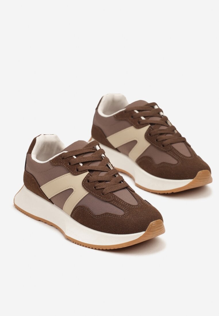 Brązowe Sneakersy na Płaskiej Podeszwie z Geometryczną Wstawką w Panterkę Sewla