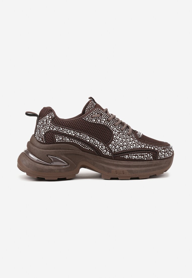Brązowe Sneakersy na Platformie Ozdobione Cyrkoniami Luria