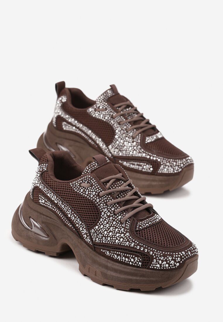 Brązowe Sneakersy na Platformie Ozdobione Cyrkoniami Luria
