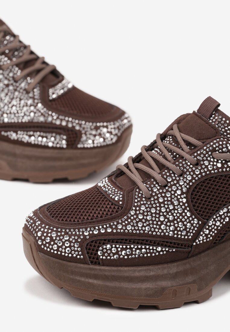 Brązowe Sneakersy na Platformie Ozdobione Cyrkoniami Luria