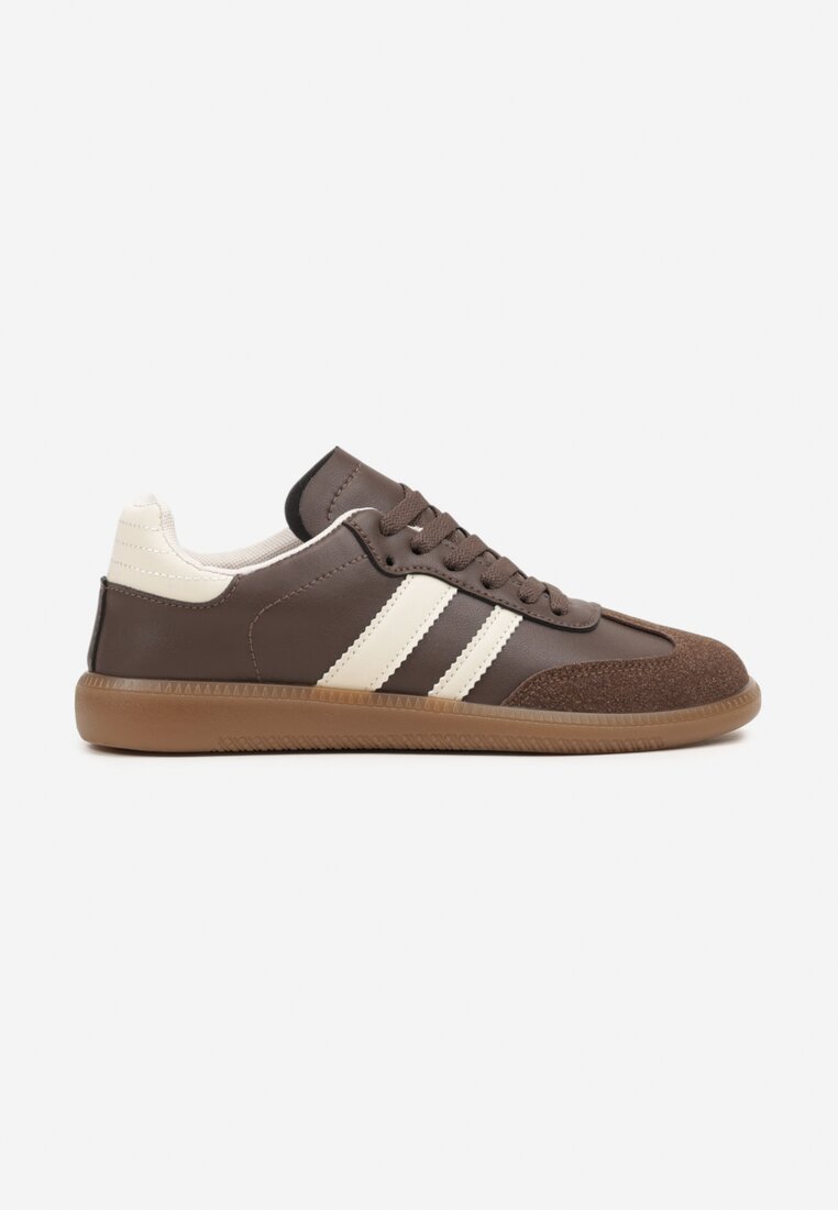 Brązowe Casualowe Sneakersy na Płaskiej Podeszwie z Paskami Jereria