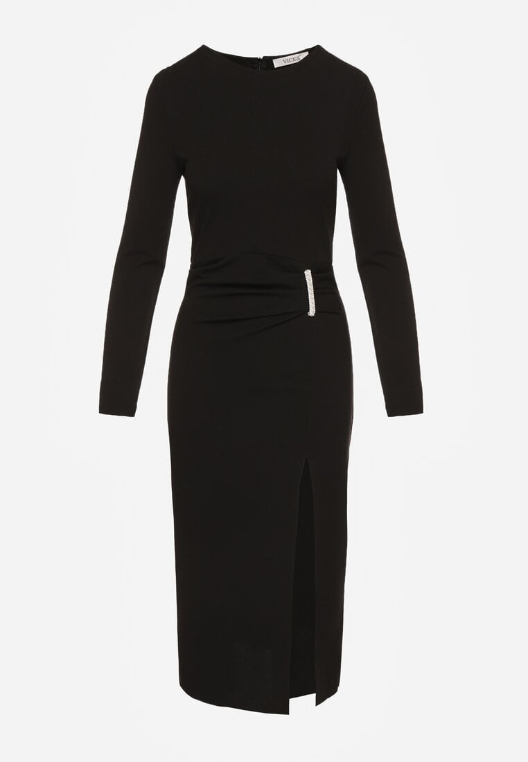 Czarna Sukienka Koktajlowa Vices Ozdobiona Perełkami i Marszczeniem Odarre