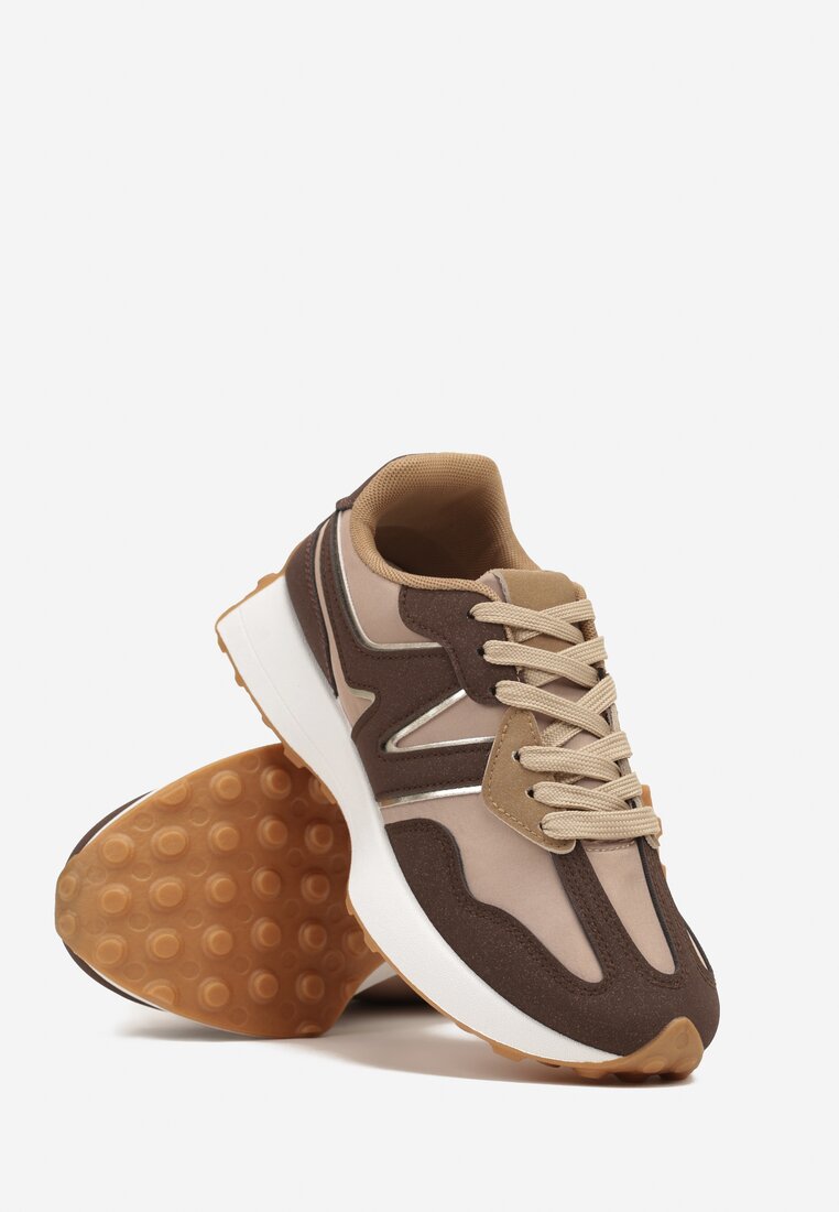 Brązowe Płaskie Sneakersy Ozdobione Geometrycznym Wzorem Rividi