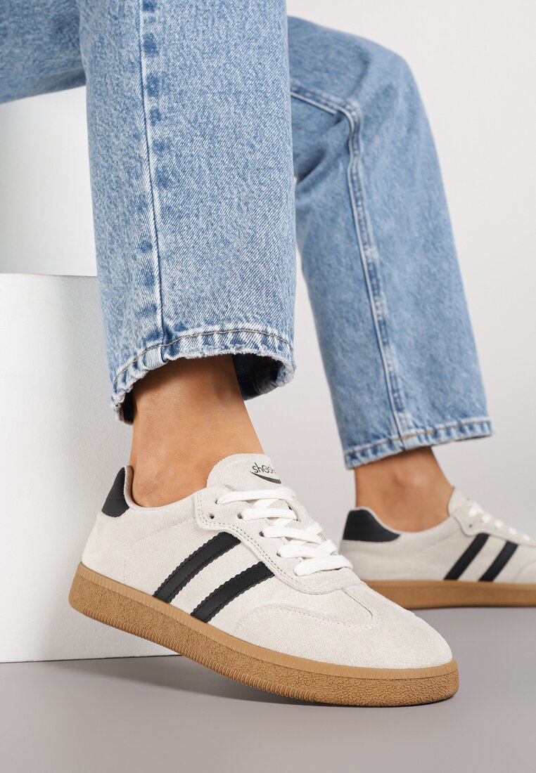 Beżowe Sneakersy Tenisówki Ozdobione Paskami Halianea
