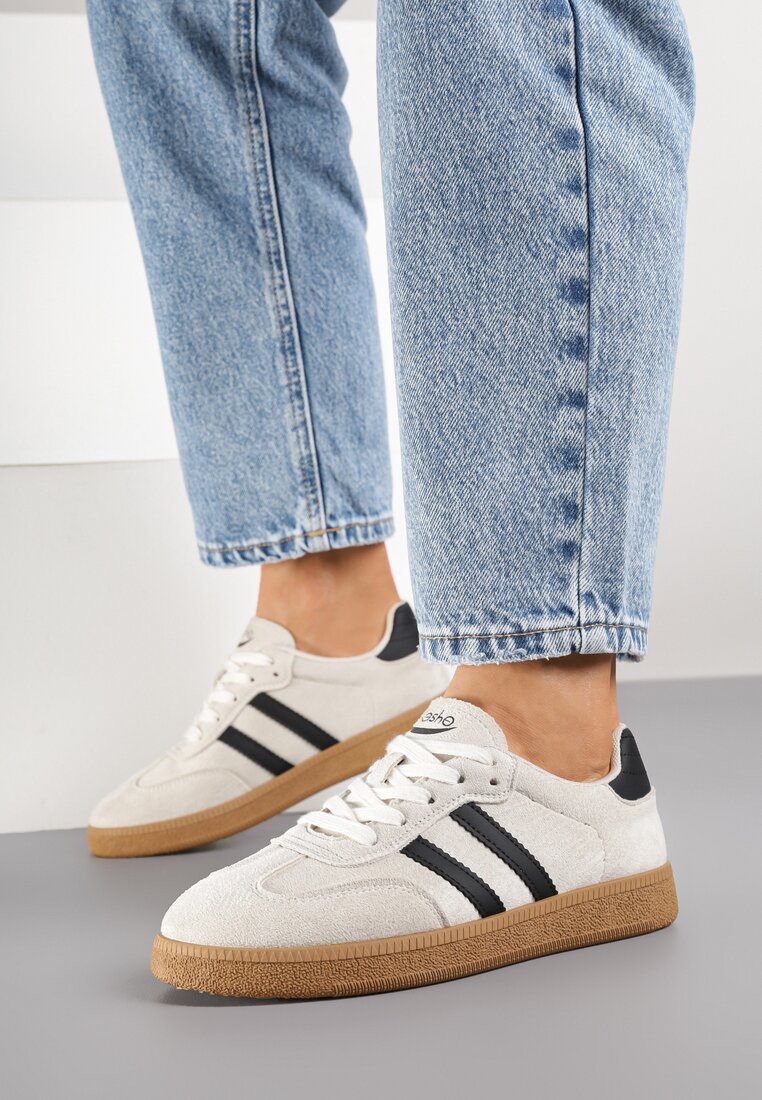 Beżowe Sneakersy Tenisówki Ozdobione Paskami Halianea